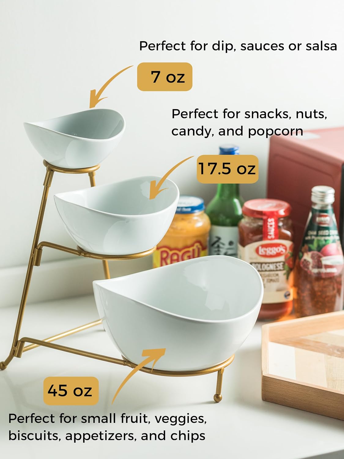 YHOSSEUN 3 Tier Serving Stand Oval Serving Bowl with Metal Rack, Tied Serving Bowls Food Display Dessert Appetizer, Chip and Dip Serving Bowl Set for Parties, Gold-45oz / 17.5oz / 7oz