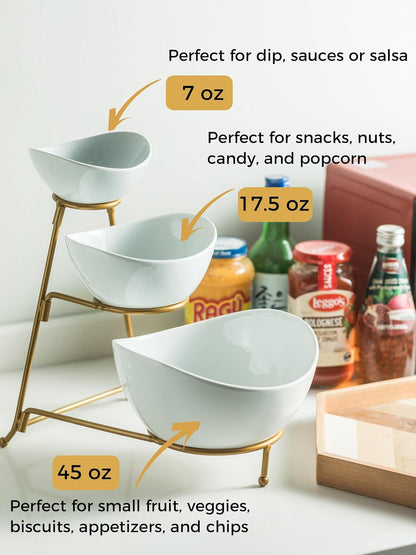 YHOSSEUN 3 Tier Serving Stand Oval Serving Bowl with Metal Rack, Tied Serving Bowls Food Display Dessert Appetizer, Chip and Dip Serving Bowl Set for Parties, Gold-45oz / 17.5oz / 7oz