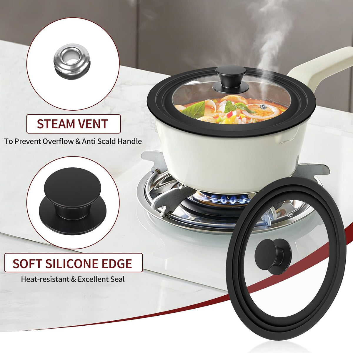 3 Pack Universal Pan Lids,Replacement Pan Lid Fits 6", 7" 8" & 8", 9" 9.5" & 10", 11" 12" Cookware,Tempered Glass Pan Cover with Heat Resistant Rim for Skillets, Pots, Frying Pans & CrockPot