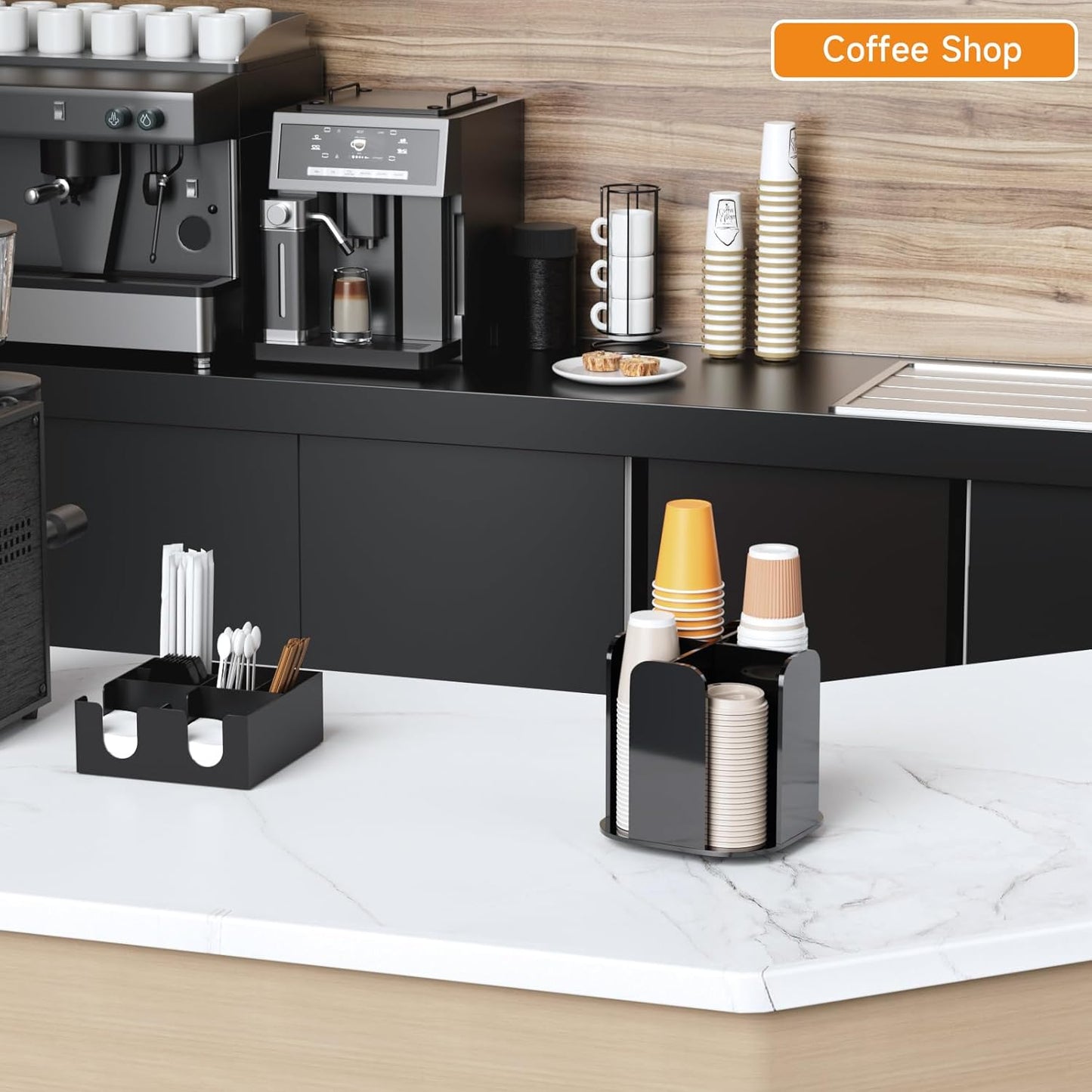 Beego Rotatable 4-Compartment Acrylic Cup Dispenser - Coffee Station Cup and Lid Carousel Countertop Plastic Cup Holder for Restaurant Breakroom Coffee Bar