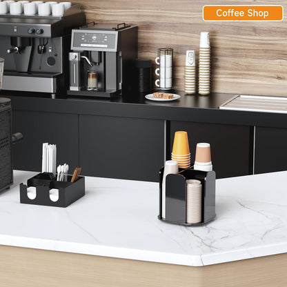 Beego Rotatable 4-Compartment Acrylic Cup Dispenser - Coffee Station Cup and Lid Carousel Countertop Plastic Cup Holder for Restaurant Breakroom Coffee Bar