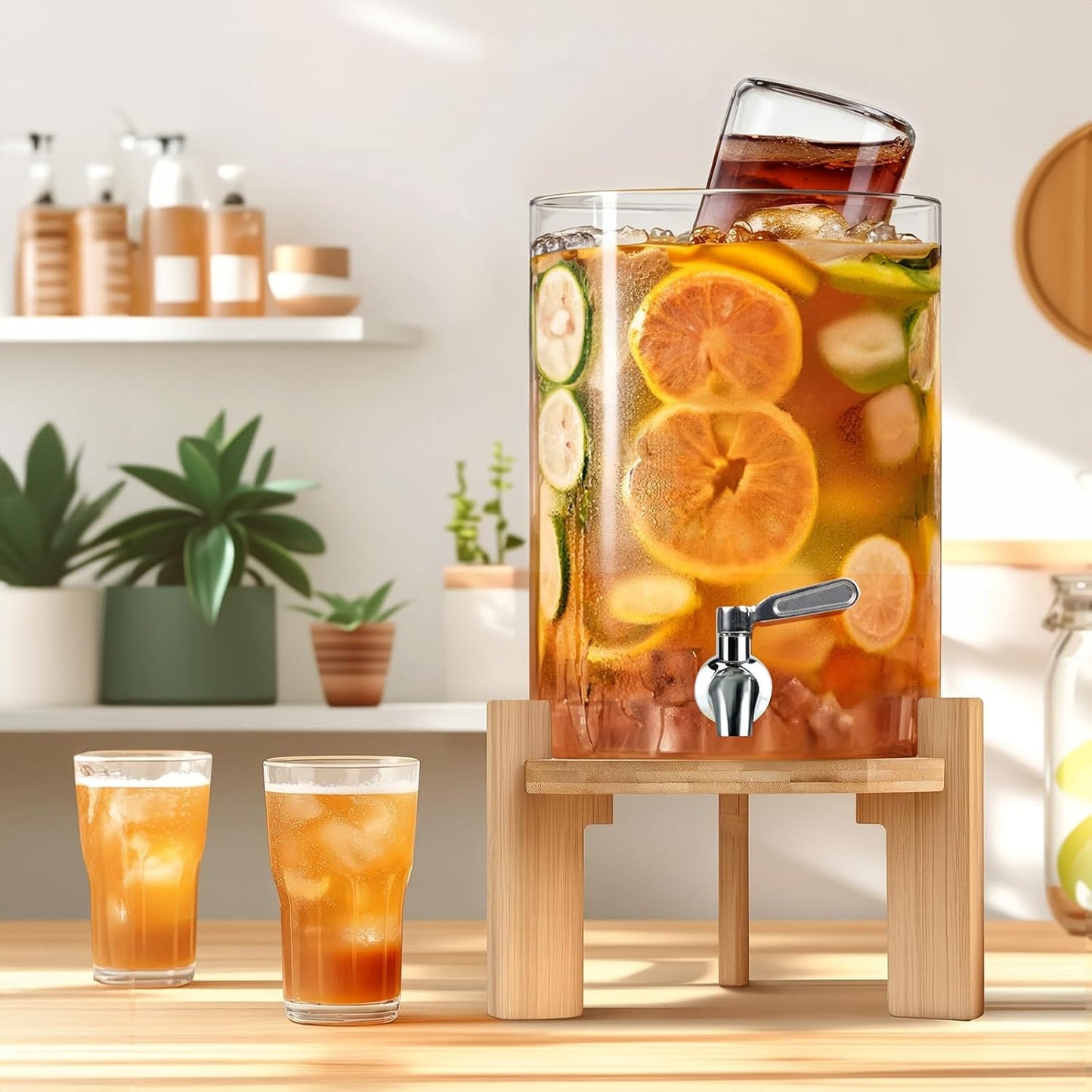Beverage Dispenser 2.1 Gallon, Glass Drink Dispenser with Stand, Drink Dispensers for Parties, Beverage Dispenser with Wood Stand, Stainless Steel Spigot, for Parties,Bars,Restaurants (2.1 Gallons)