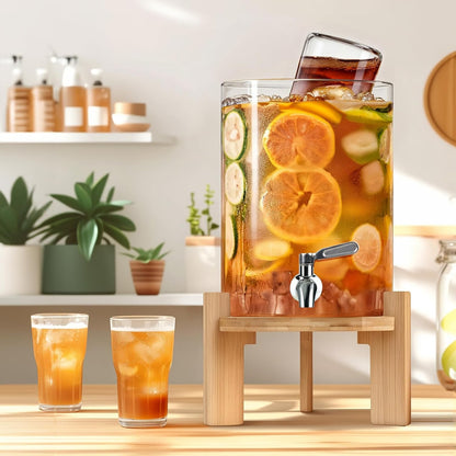 Beverage Dispenser 2.1 Gallon, Glass Drink Dispenser with Stand, Drink Dispensers for Parties, Beverage Dispenser with Wood Stand, Stainless Steel Spigot, for Parties,Bars,Restaurants (2.1 Gallons)