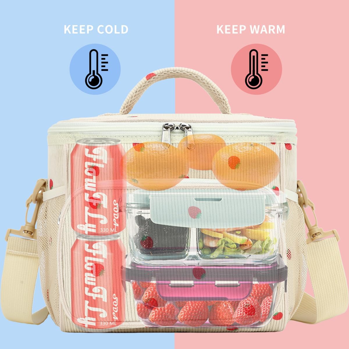 FlowFly Insulated Reusable Lunch Bag Adult Large Lunch Box for Women and Men with Adjustable Shoulder Strap,Front Zipper Pocket and Dual Large Mesh Side Pockets,Cherry - Colors A