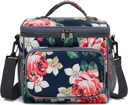 FlowFly Insulated Reusable Lunch Bag Adult Large Lunch Box for Women and Men with Adjustable Shoulder Strap,Front Zipper Pocket and Dual Large Mesh Side Pockets,Cherry - Colors B
