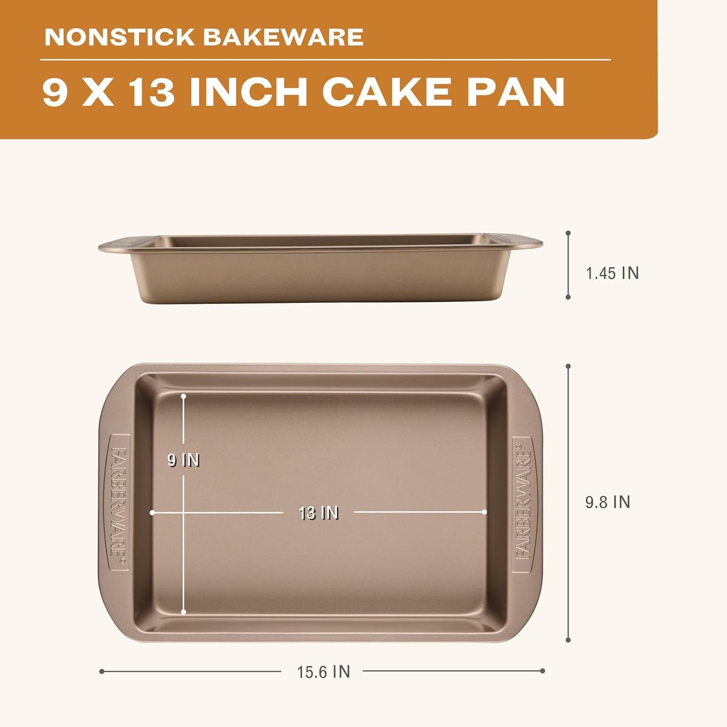 Farberware Nonstick Bakeware Rectangular Cake Pan with Lid, Cake Pans For Baking, 9-Inch x 13-Inch, Gray