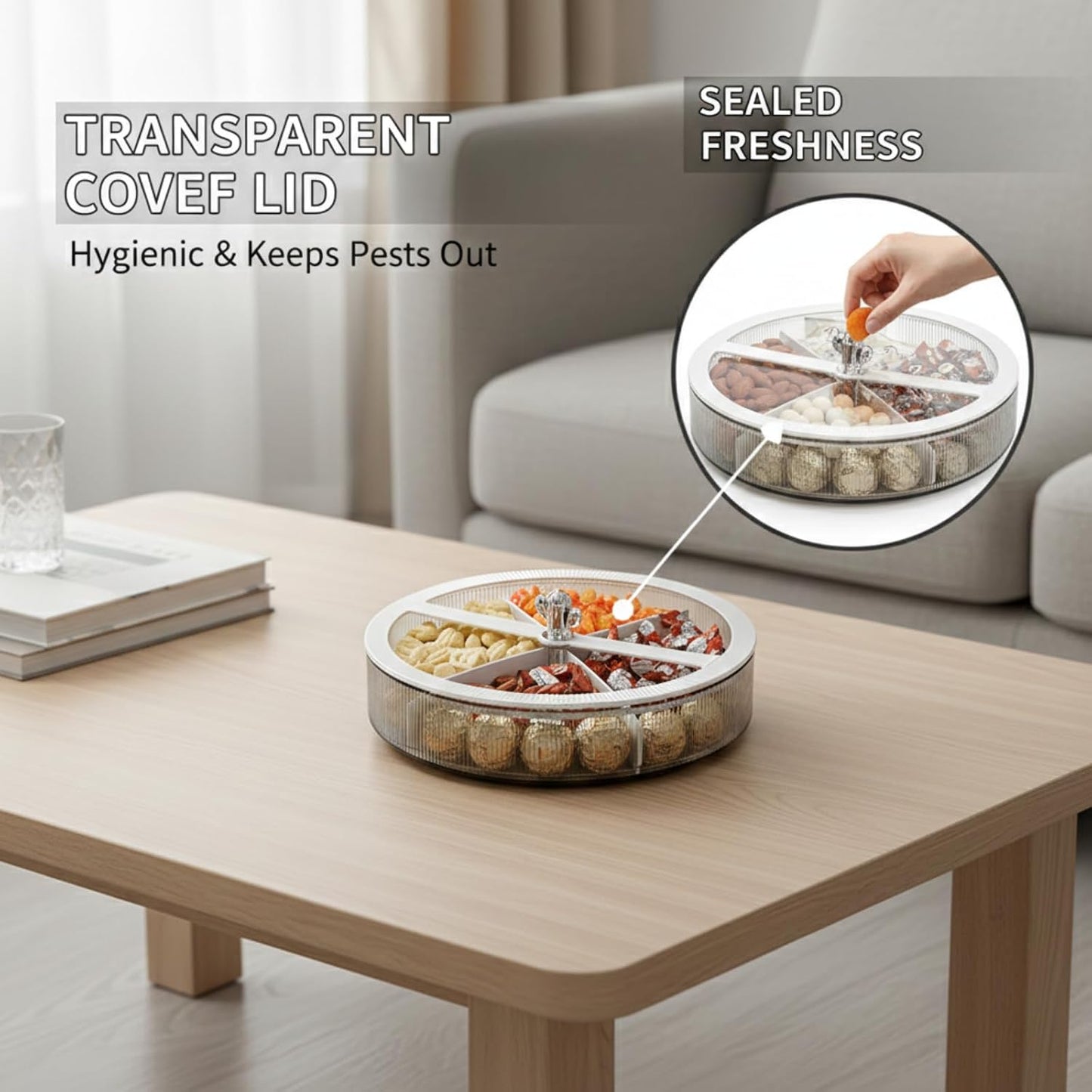 10 Inch Divided Serving Tray with Lid - 360 Rotating Snackle Box Container, Candy Organizer - White Plastic