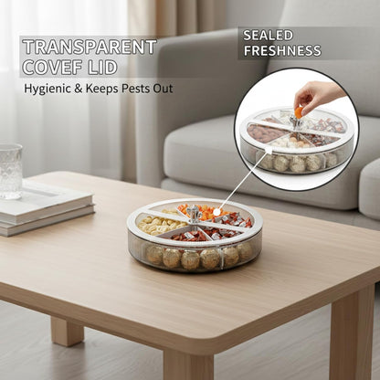 10 Inch Divided Serving Tray with Lid - 360 Rotating Snackle Box Container, Candy Organizer - White Plastic