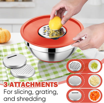 E-far 25PCS Mixing Bowls with Lid Set, Stainless Steel Nesting Prep Bowls with Grater Attachments Non-Slip Bottoms for Cooking, Serving, Food Storage, 4.6/2.6/2/1.5/1/0.7QT - Khaki