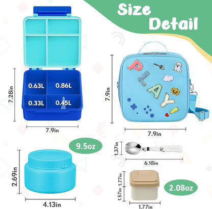 Kids Bento Lunch Box with Thermo, Include 9oz Soup Thermo, Kids Leakproof Lunch Box with 4 Compartment, Insulated Lunch Bag for Girls Boys to School Travel