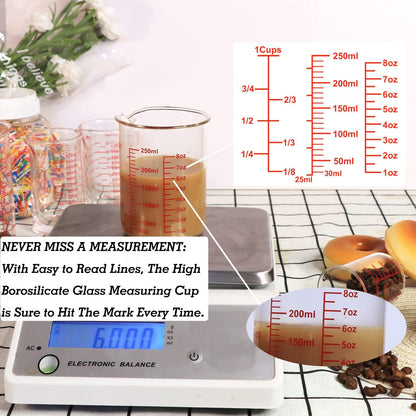 3 Piece Glass Measuring Cup Set, Includes 1/2-Cup, 1-Cup, and 2-Cup High Borosilicate Glasss Liquid Measuring Cups, Dishwasher, Freezer, Microwave, and Preheated Oven Safe, Essential Kitchen Tools