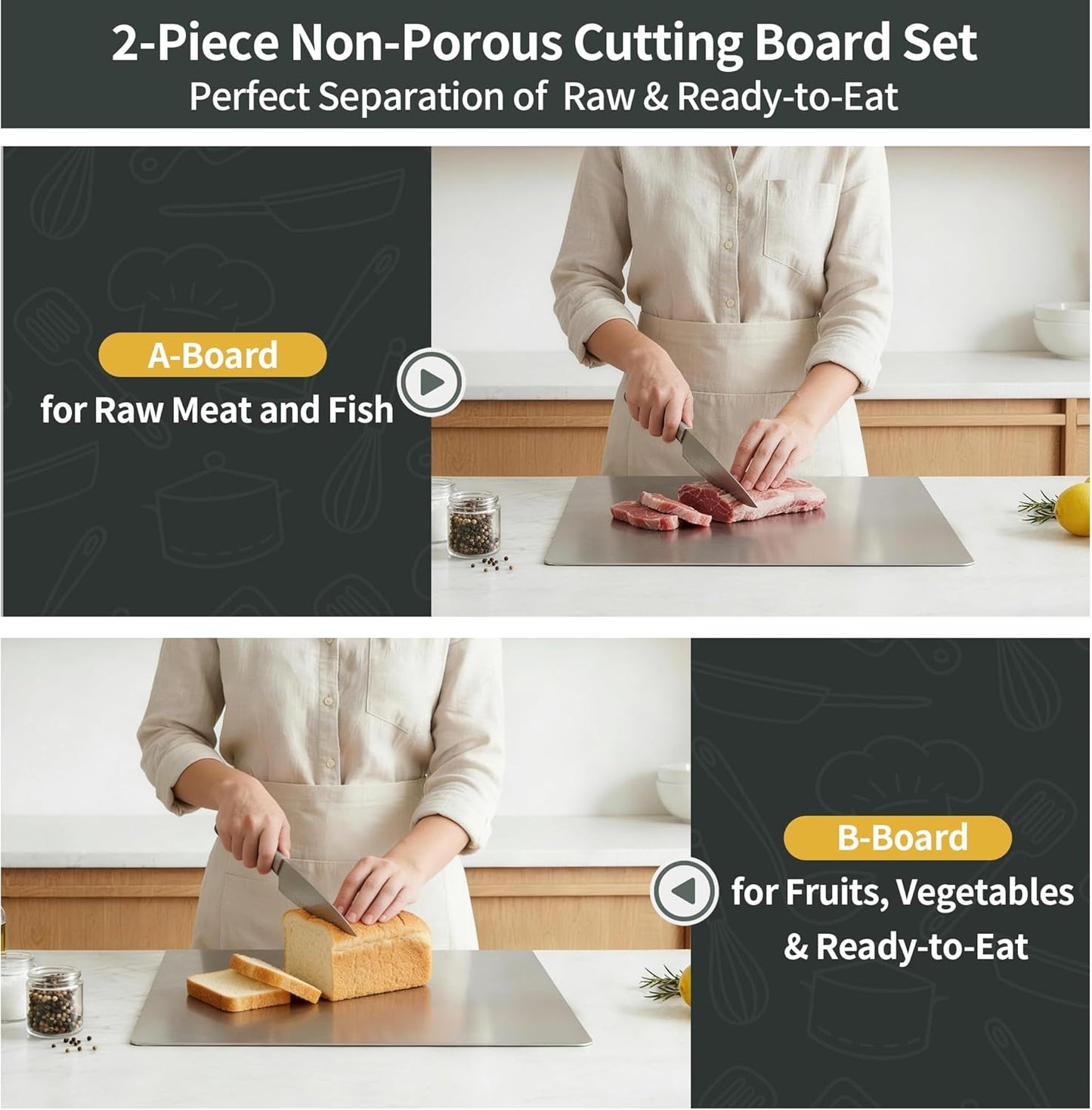 Stainless Steel Cutting Board Set for Kitchen, 2 Pack Metal Cutting Board with Counter Lip Dishwasher Safe Chopping Board for Meat, Vegetables, Fruits, Bread, Kneading (40 x 30cm/ 16 x 12 in)