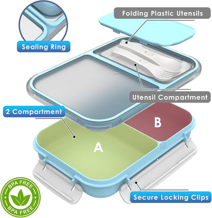 WHALEHOUSE Bento Lunch Box, 1300ML 4 Compartments Meal Prep Container with Utensil, Airtight Food Storage Container with Snap Locking Lids, Microwave/Dishwasher/Freezer Safe, On the Go