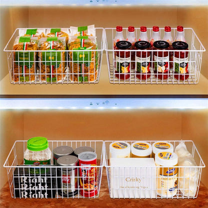SANNO Freezer Baskets for Storage Pantry Large Metal Wire Food Storage Organizer Bin Basket with Handles - for Kitchen Cabinets, Pantry, Bathroom, Laundry Room, Closets, Garage - Chrome，2 pack