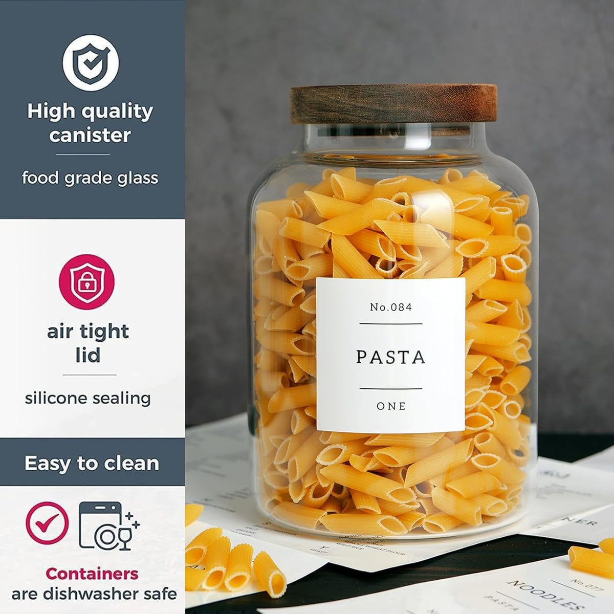 CZHQSMZ Set of 2 Large Glass Flour and Sugar Containers with 132 Pantry Labels - Glass Food Storage Jars with Airtight Bamboo Lid for Flour Pasta Candy Coffee Cookie and More(1 Gallon/4000 ml)