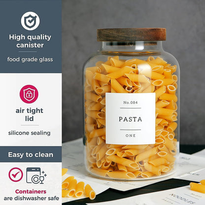 CZHQSMZ Set of 2 Large Glass Flour and Sugar Containers with 132 Pantry Labels - Glass Food Storage Jars with Airtight Bamboo Lid for Flour Pasta Candy Coffee Cookie and More(1 Gallon/4000 ml)