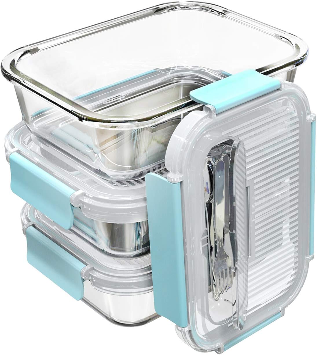 Large Glass Food Storage With Locking Lids - Bento Box Lunch and Meal Prep Containers [3-Pack, 36 OZ]