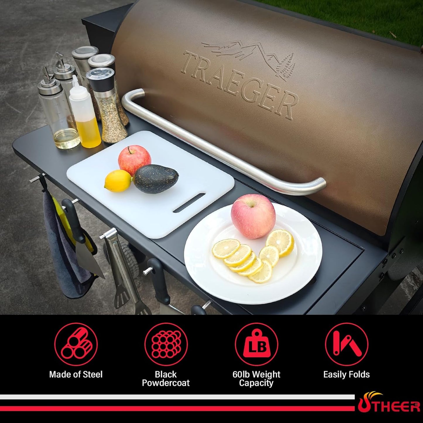 Upgraded Grill Table for Weber Kettle 22"/18"/26", Master Touch 22", Smokey Mountain, Recteq Pellet Grill RT-B380, Prep Station with Cutting Board, Basin, 4 Hooks, Shelf for Weber Kettle Accessories