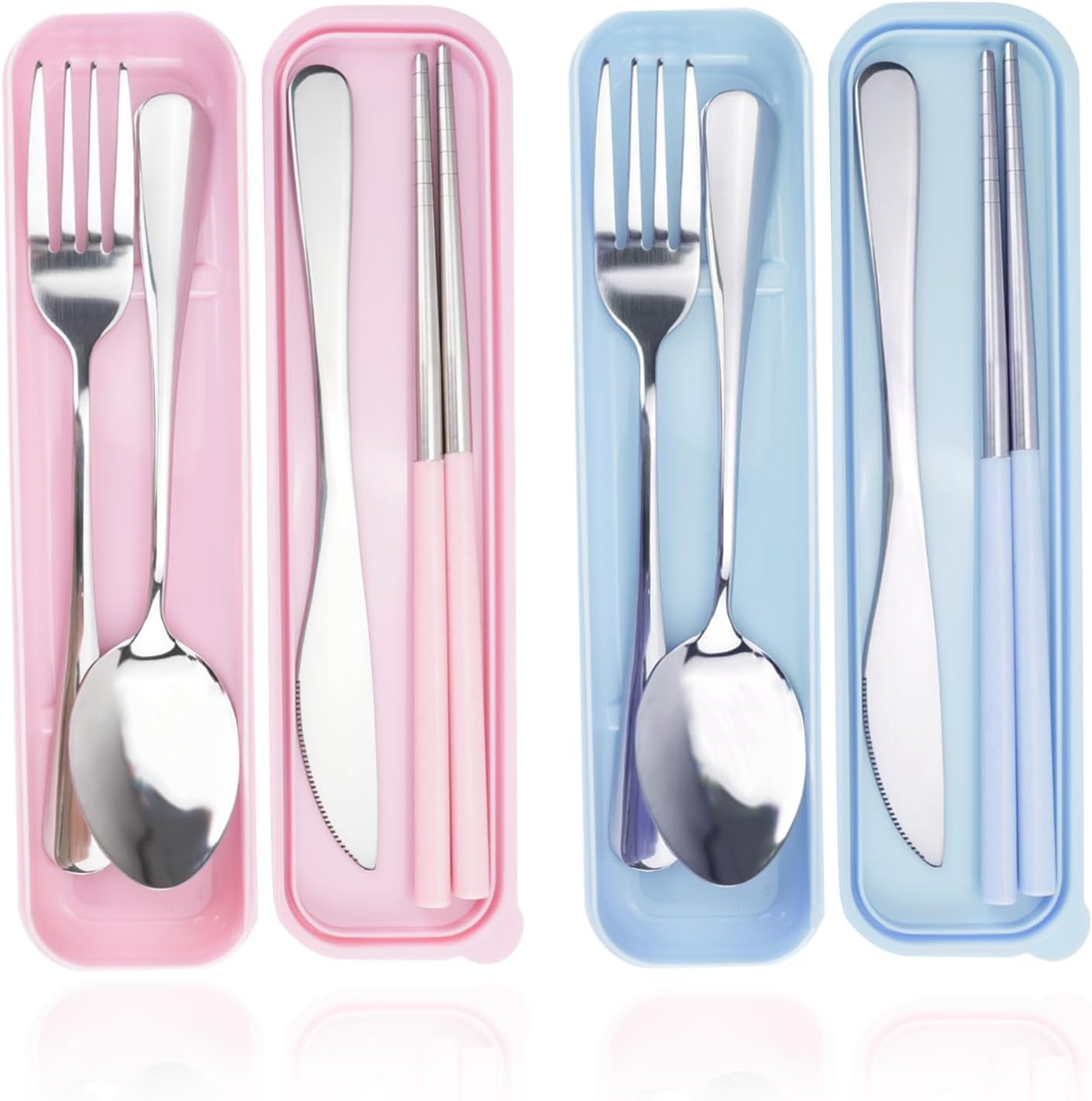 JEPELUS 2 Pcs Travel Utensils with Case, Reusable Lunch Box Silverware Set, Stainless Steel Portable Cutlery Set Fork Spoon Knife Chopsticks Flatware for Work Camping Office School Picnic Adult Kid