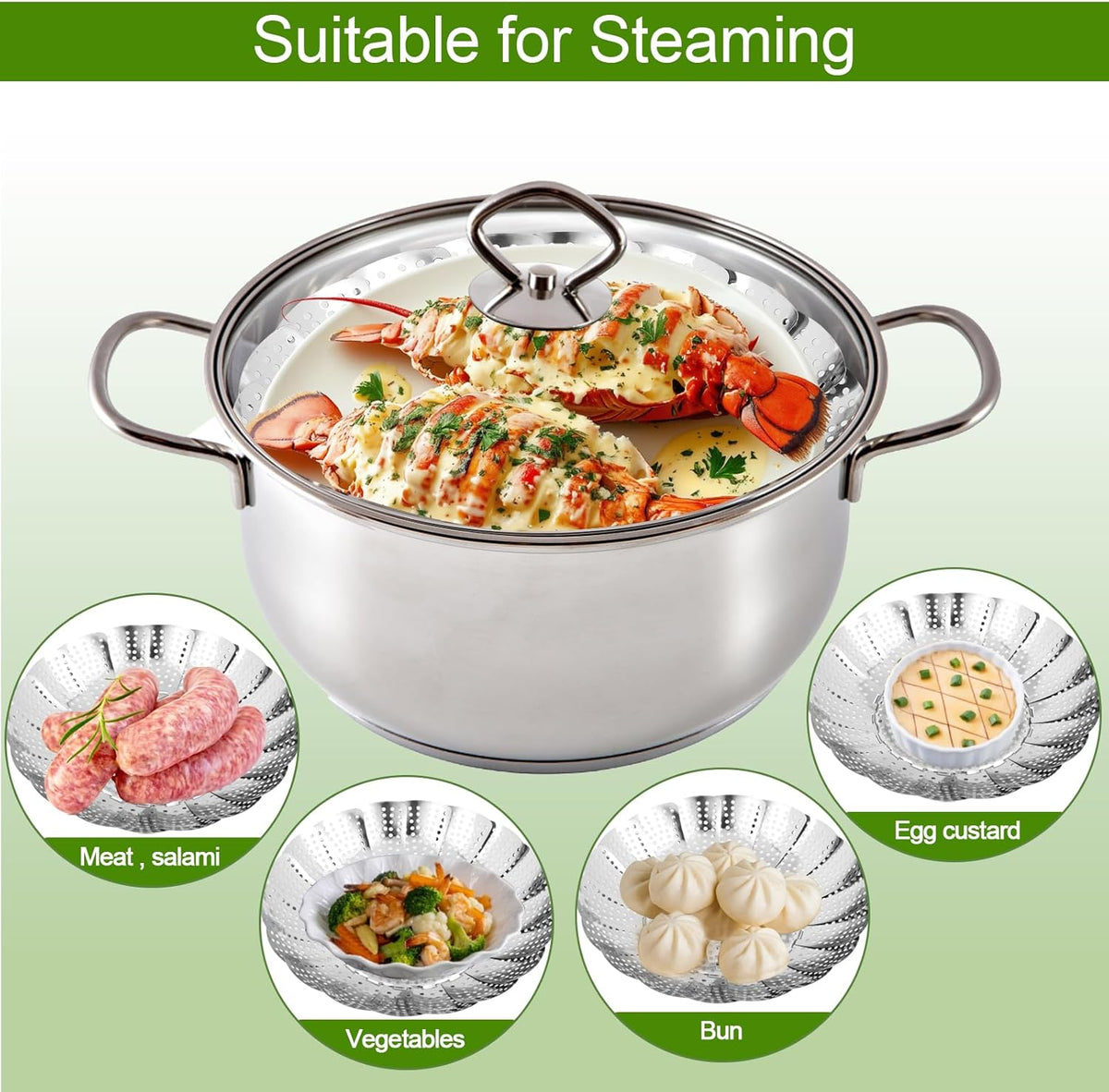 Vegetable Steamer Basket - 304 Stainless Steel Folding Steamer Basket for Cooking, Vegetables, Fish, Pasta, Eggs, Fit Various Size Pot (5.5 inches to 9 inches)