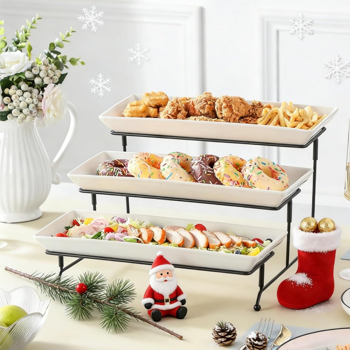 MALACASA 3 Tier Serving Trays for Party, Porcelain Serving Platters and Trays, 12 Inch Tiered Tray Stand, Fruit Tray, Trays for Serving Food, White Dessert Stand with Collapsible Sturdier Metal Rack