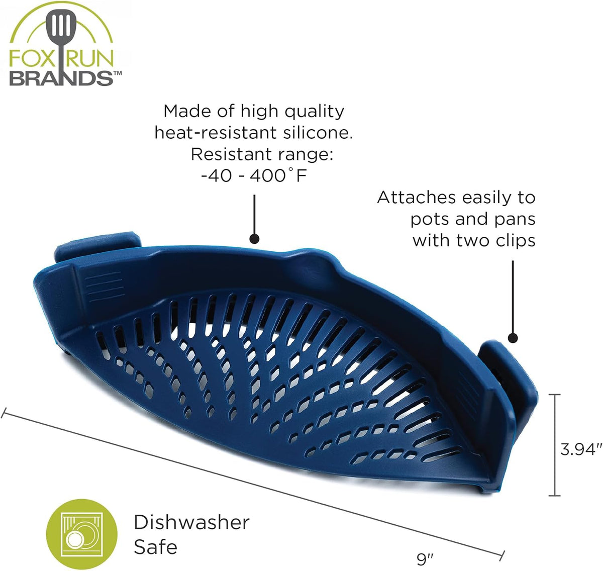 Fox Run Silicone Clip On Pot Strainer, Navy Kitchen Strainer For Pots, Pans and Bowls