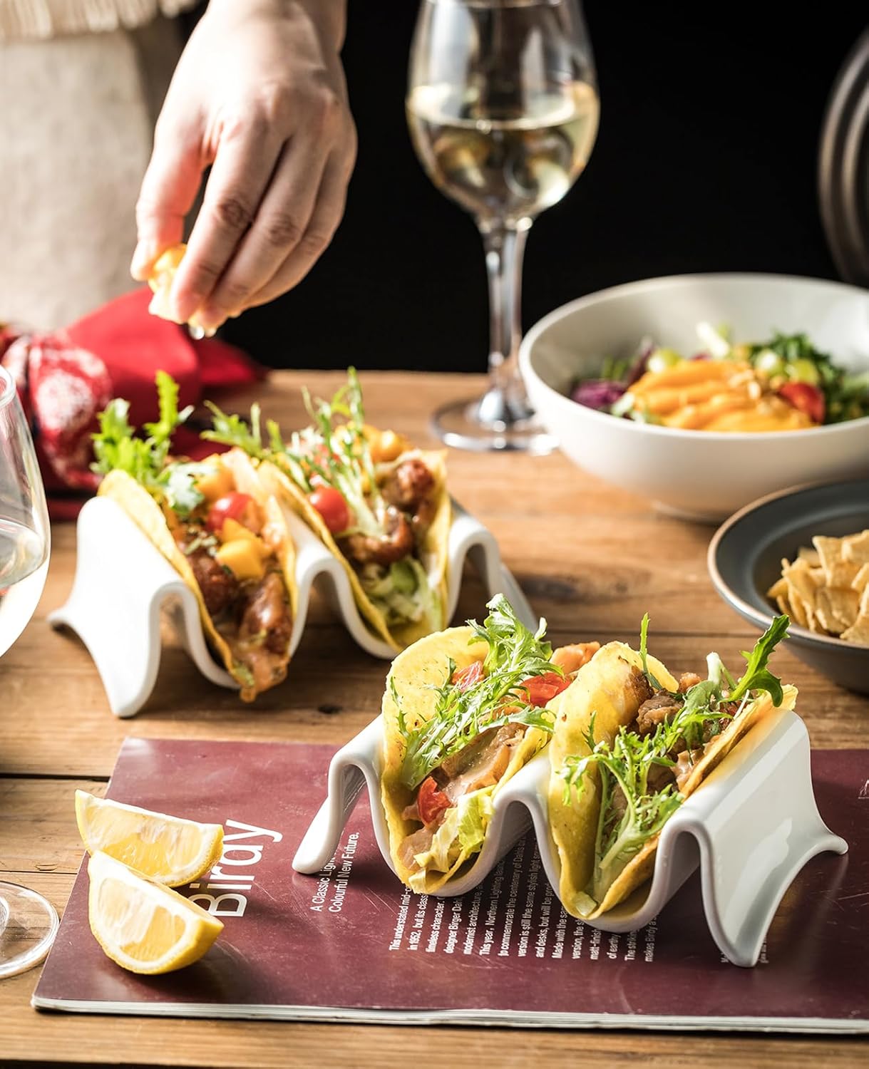 Taco Holders Set of 2, Porcelain Large Taco Tray with Handles, Reusable and Stackable Taco Plates, Perfect for Burritos and Tortillas Holder Handles, Oven & Microwave Safe