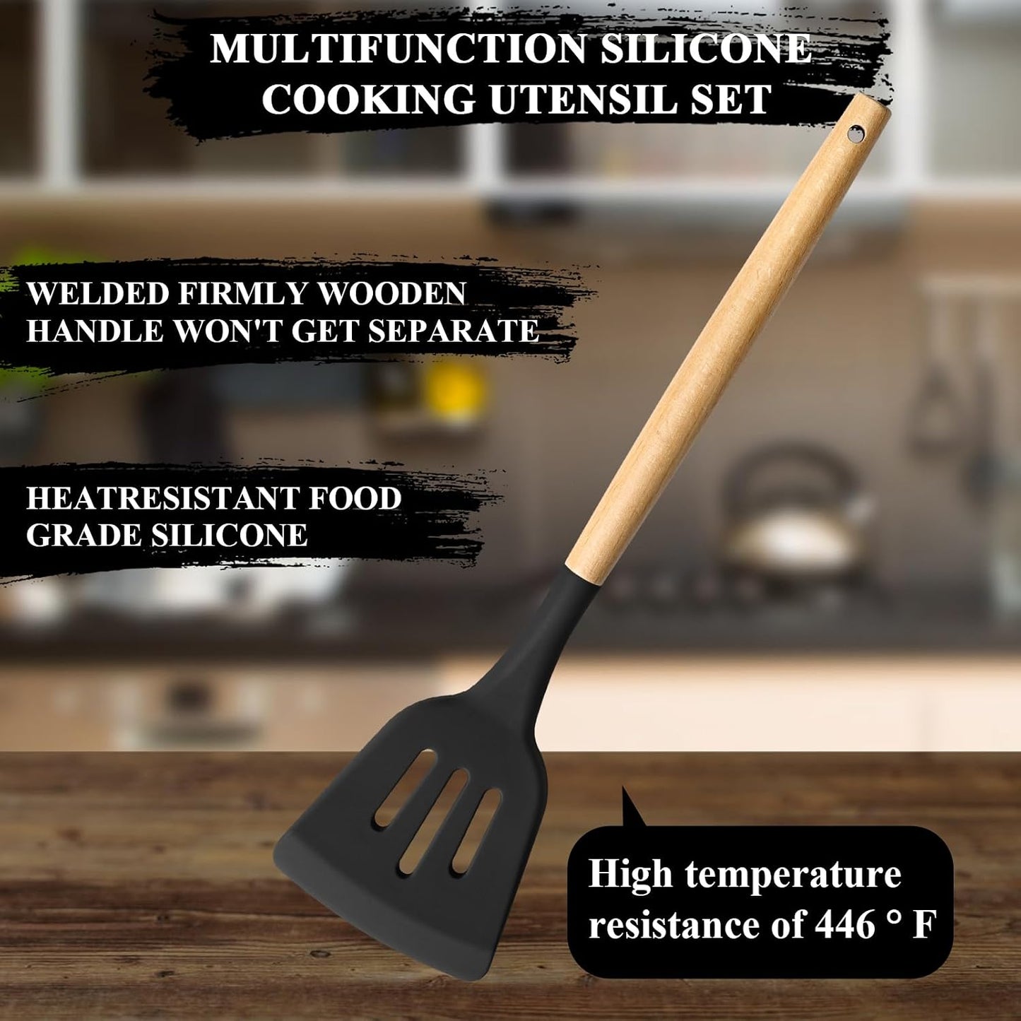 HaWare Silicone Cooking Utensils Set, 10-Piece Chef Kitchen Non-Stick Cookware with Wooden Handle, 450°F Heat Resistant - Khaki