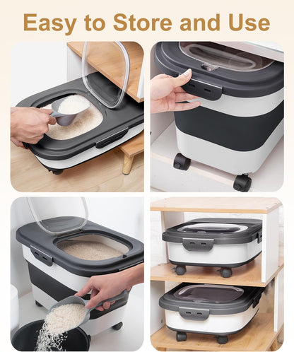 20-30 Lbs Rice Storage Container,Collapsible Food Storage Containers with Rolling Wheel Airtight Locking Lid,Flour Storage Container with Cup and Scoop,Suitable for Food,Rice,Pet Food,Flour
