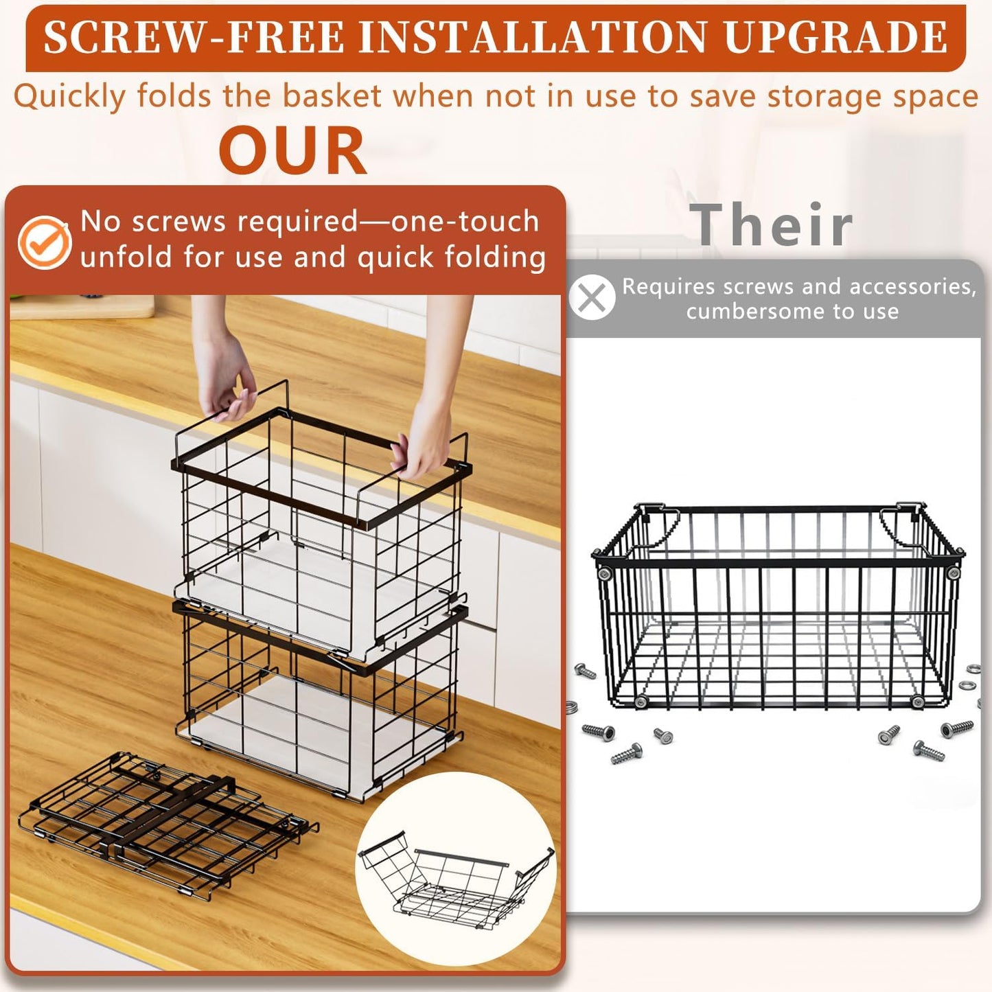 Freezer Organizer Bins, Upgrade Quick Expand/Collapse Feature, for 3.5 Cu.Ft Deep Freezer, 3 Pack Stackable Deep Freezer Organizer Bins, Black Wire Foldable Baskets with Handles (Black 3 Pack)