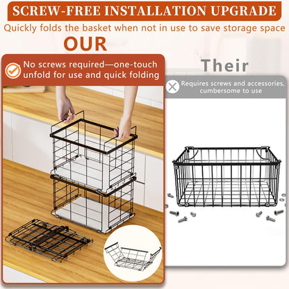 Freezer Organizer Bins, Upgrade Quick Expand/Collapse Feature, for 3.5 Cu.Ft Deep Freezer, 3 Pack Stackable Deep Freezer Organizer Bins, Black Wire Foldable Baskets with Handles (Black 3 Pack)