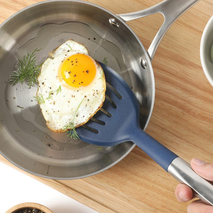 Calphalon Slotted Turner, Kitchen Flipping Spatula, Slotted Spatula, Stainless Steel Turner with Silicone Heat Resistance Handle, Nonstick-Safe Spatula for Draining and Flipping (Navy)