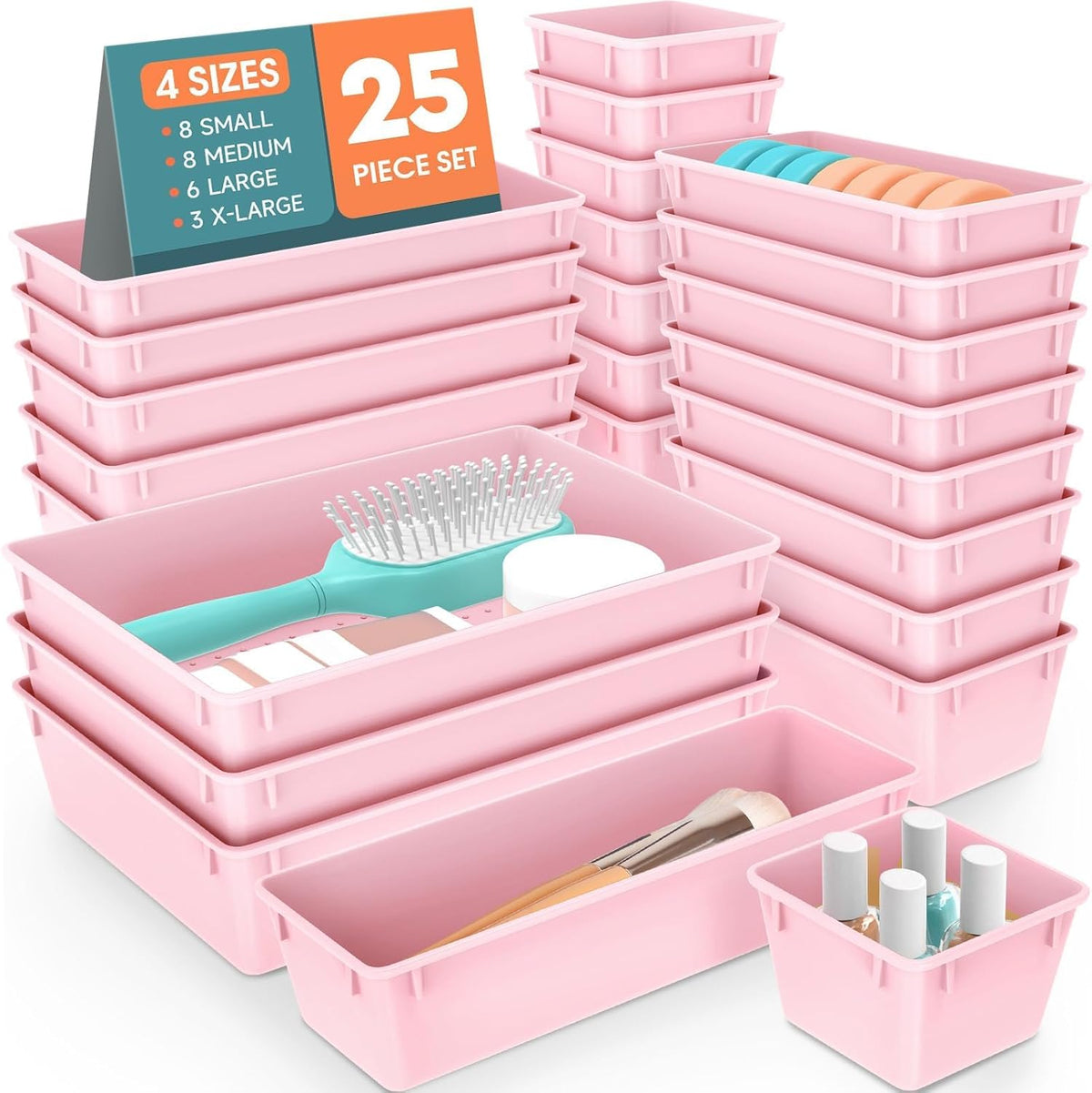 SpaceHacks 25 PCS Plastic Drawer Organizer Set, 4-Size Versatile Organizer Tool Trays & storage Bins for Makeup, Jewelry, and Gadgets in Bathroom, Bedroom and Office,Clear Black