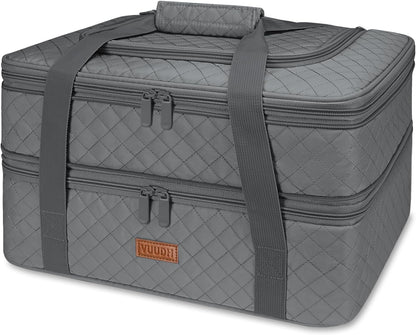 Quilted Double Decker Casserole Carrier - Expandable Dish Carrying Case for Hot or Cold Food, Lasagna Holder for Potluck Parties, Picnic, Beach, Fits 9"×13" Baking Dish (Black)