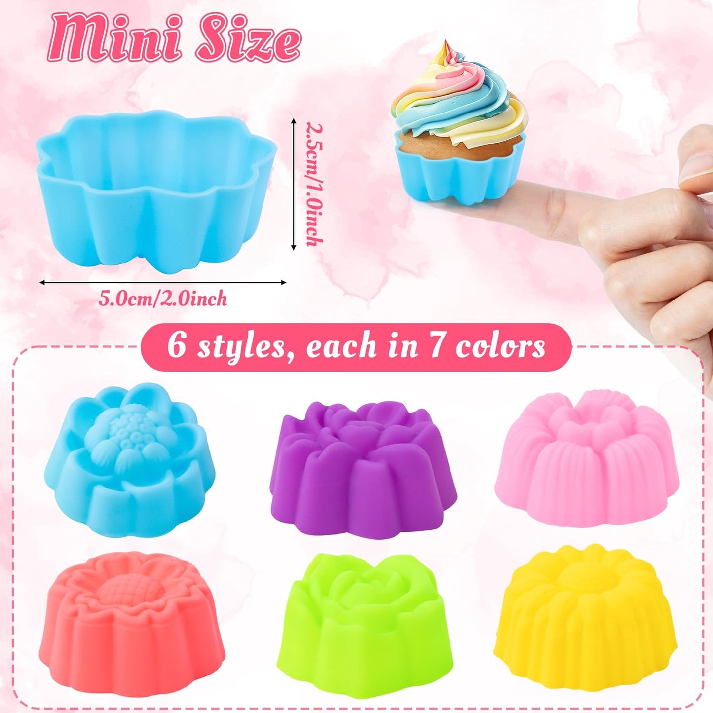 R HORSE 42Pcs Silicone Molds Cupcake 2 Inch Mini Size Reusable Muffins Liners Washable Non-Stick Donut Wrapper Mold Flower Shapes Baking Cups for Pan Oven Microwave Dishwasher