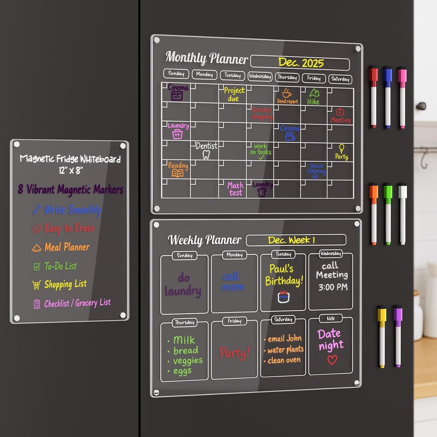 Grtard 3 Pack Acrylic Calendar for Fridge, Magnetic Calendar for Refrigerator, 16"x12" Dry Erase Whiteboard Fridge Calendar,2026 Clear Monthly Weekly Daily Memo Planning Board with 8 Markers
