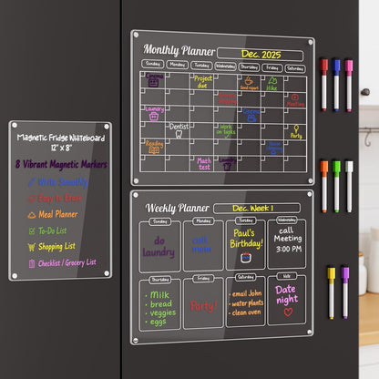 Grtard 3 Pack Acrylic Calendar for Fridge, Magnetic Calendar for Refrigerator, 16"x12" Dry Erase Whiteboard Fridge Calendar,2026 Clear Monthly Weekly Daily Memo Planning Board with 8 Markers