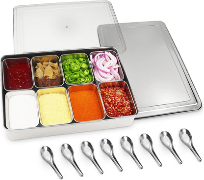 Yakumi Pans, Stainless Steel Yakumi Pan, Yakumi Mise En Place, Mise En Place Containers, 8 Compartment Stainless Steel Condiment Containers with Lids Spoons, Spice Box Indian Masala Dabba