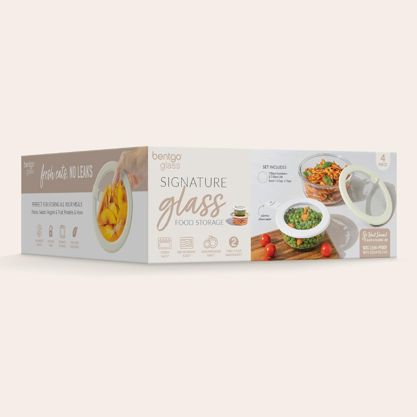 Bentgo Signature Leak-Proof Glass Food Storage - 4-Piece Set, 1-Compartment Plastic-Free Containers with Airtight Glass Lids, BPA-Free, Microwave, Freezer, Oven & Dishwasher Safe (White Stone)