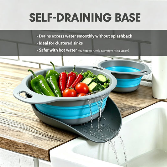 AUOON Collapsible Colander Set (3QT + 4QT) with Draining Base, Gray+Blue
