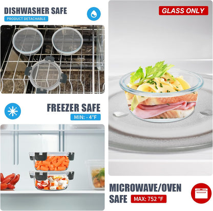 6Pack 22oz Glass Meal Prep Containers, Glass Food Storage Containers Sets with Snap Leak Proof Lids for Microwave, Oven, Freezer and Dishwasher Safe (Grey, 22oz)
