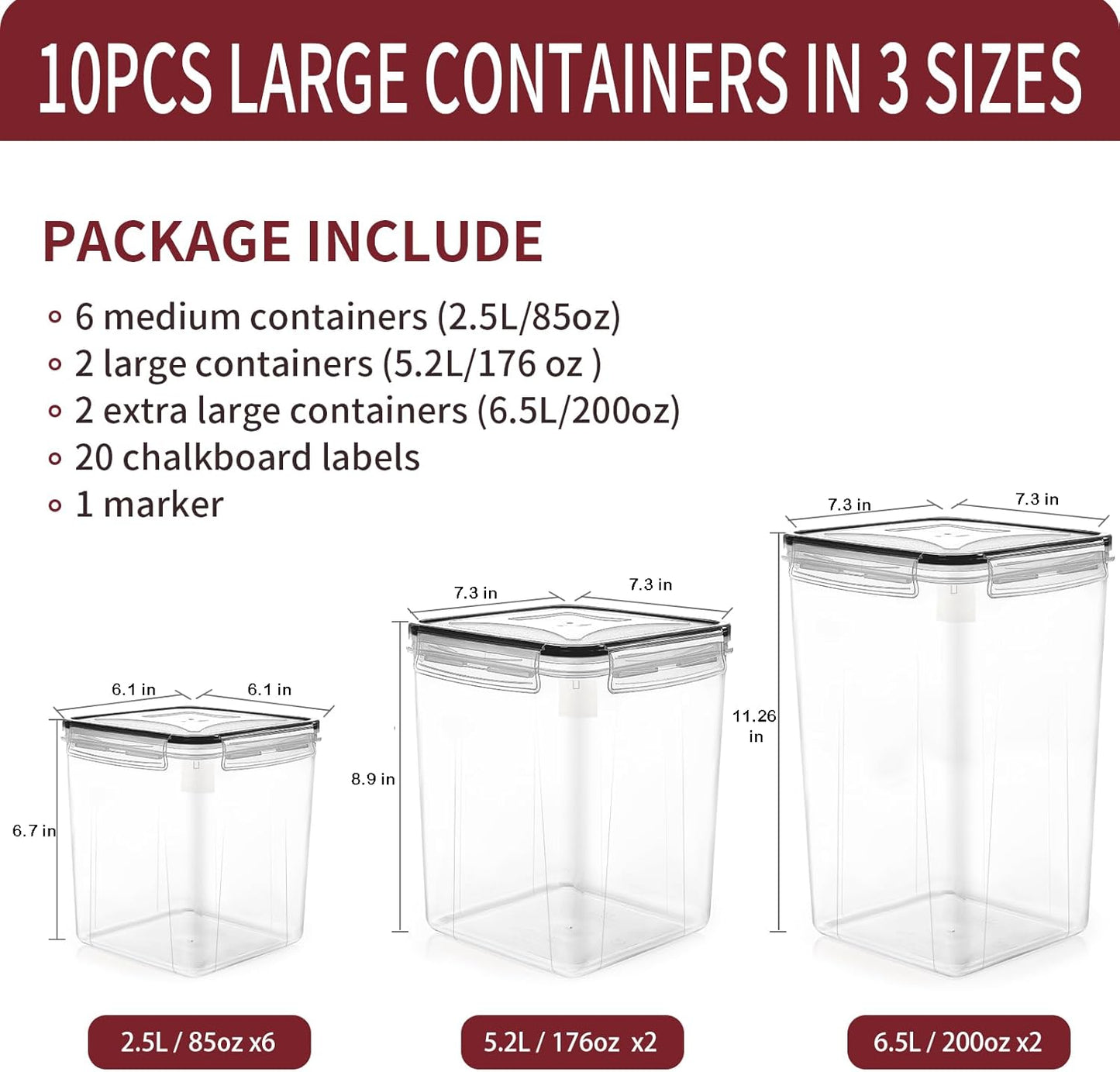 PRAKI 10 PCS flour sugar storage containers for Organizers and Storage | BPA Free, Airtight Food Storage Containers with Lids for Sugar, Flour, Baking Supplies, Versatile Kitchen Containers, Black