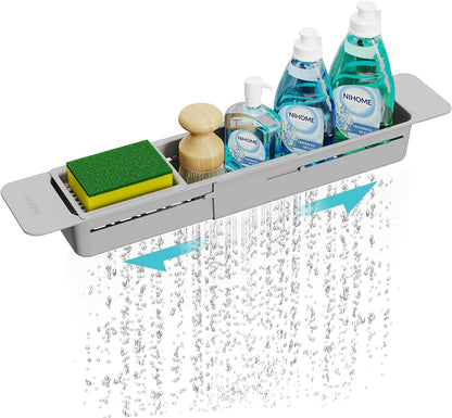 NiHome Extendable Over Sink Kitchen Organizer, Small Telescopic Brush Storage Rack for Sponge, Non-Slip Pads Expandable Sink Caddy, Adjustable Sponge/Brush Rack with Drainage Durable ABS (Dark Gray)