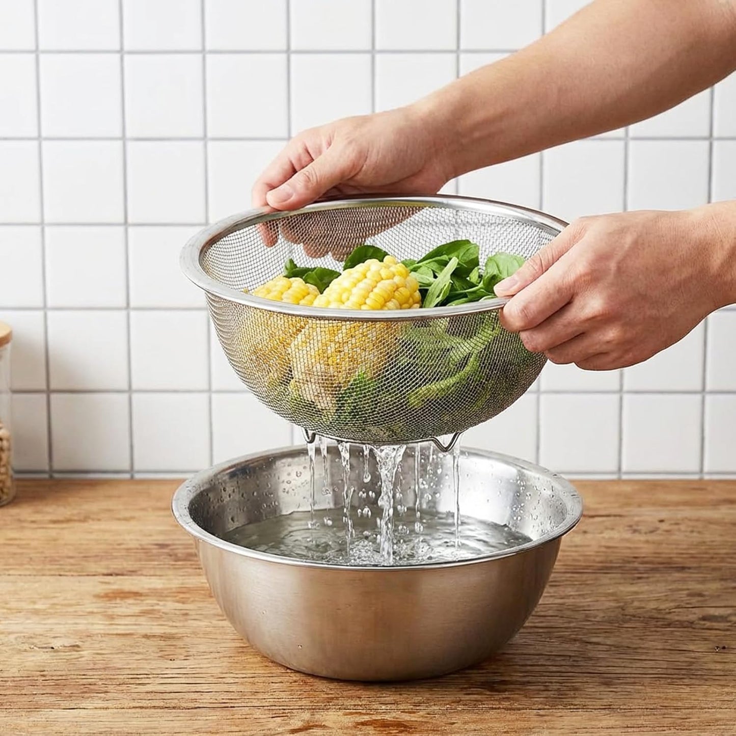 Stainless Steel Rice Washing Sieve Strainer Fine 7inch Washing Bowl Sieve Sifters Kitchen Mesh Net Basket Drainer for Pasta, Rice, Fruit,Vegetable,1PC