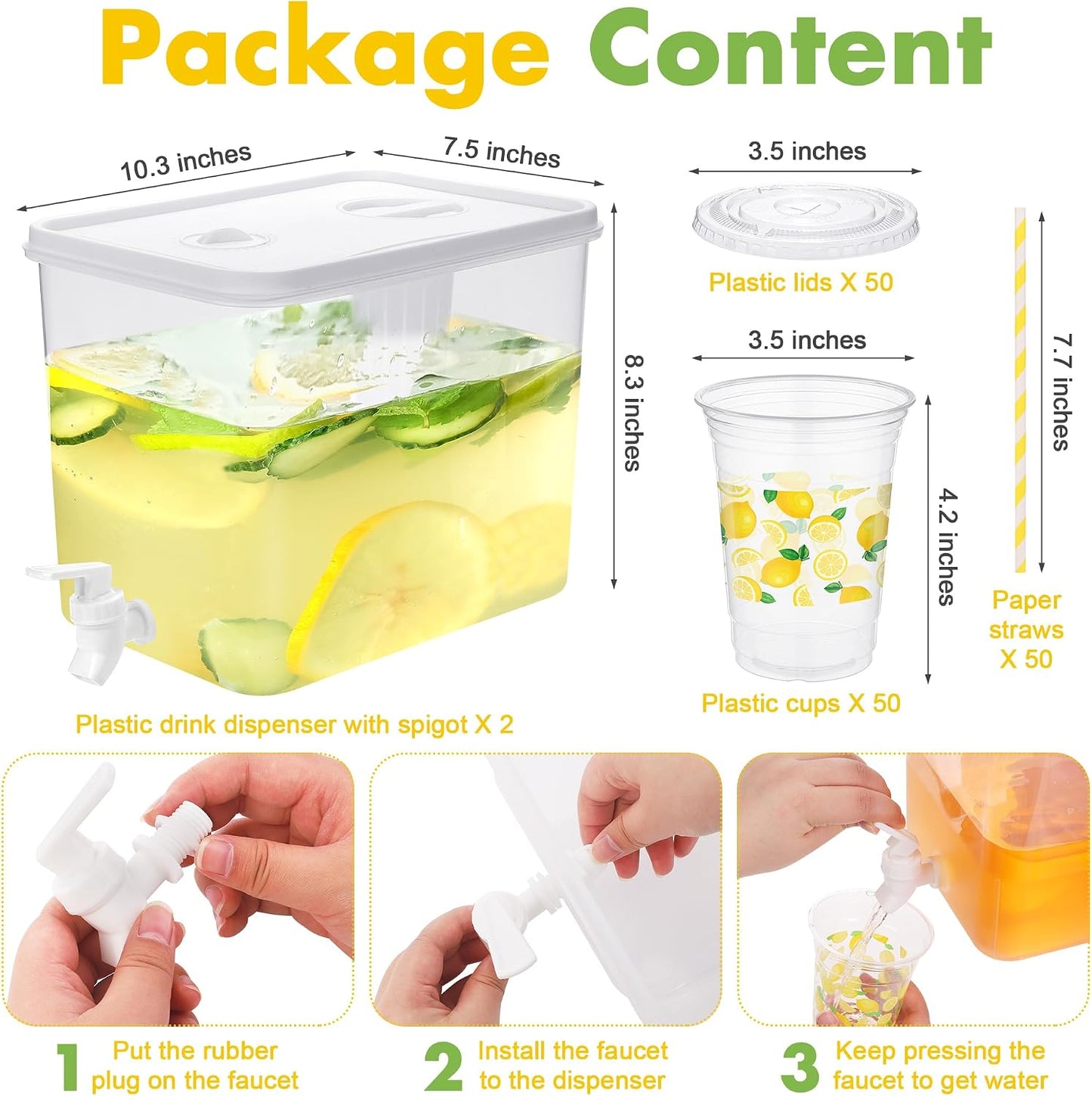 Kochorie 2 Pack 2.3 Gallon Lemonade Dispenser, Plastic Drink Dispenser with Spigot 50 Disposable 12 OZ Lemon Plastic Cups with Lid Straw for Lemonade Stand Supplies Fruit Party Drinks Tea Juice
