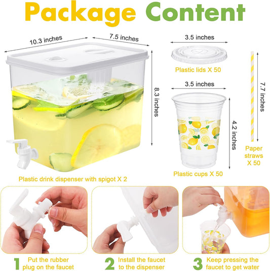 Kochorie 2 Pack 2.3 Gallon Lemonade Dispenser, Plastic Drink Dispenser with Spigot 50 Disposable 12 OZ Lemon Plastic Cups with Lid Straw for Lemonade Stand Supplies Fruit Party Drinks Tea Juice