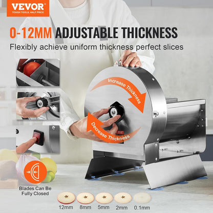VEVOR Manual Vegetable Fruit Slicer, 0-0.5"/0-12mm Thickness Adjustable Commercial Slicer Machine, Stainless Steel Food Cutter Slicing Machine with 2 Spare Blades, for Potato, Cucumber, Lemon, Tomato