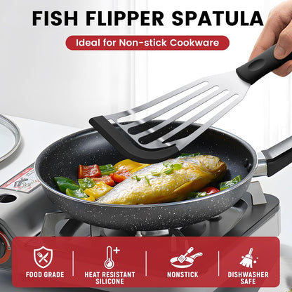 Silicone Fish Spatula, Heat Resistant Silicone Edge for Nonstick Cookware, Fish Turner for Kitchen Use, Flexible and Thin Stainless Steel Cooking utensils, Perfect Slotted Spatula for Egg, Pancake