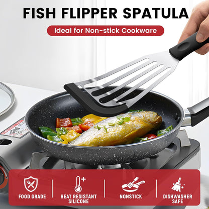 Silicone Fish Spatula, Heat Resistant Silicone Edge for Nonstick Cookware, Fish Turner for Kitchen Use, Flexible and Thin Stainless Steel Cooking utensils, Perfect Slotted Spatula for Egg, Pancake