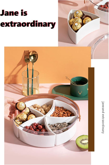 Round Plastic Divided Snack Box with Lid & Handle – Snackle Box Container for Fruits, Veggies, Candy, Travel, and Party Serving.